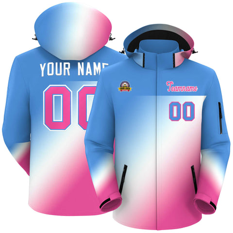 Custom Powder Blue Pink-White Gradient Fashion Personalized Outdoor Hooded Waterproof Jacket