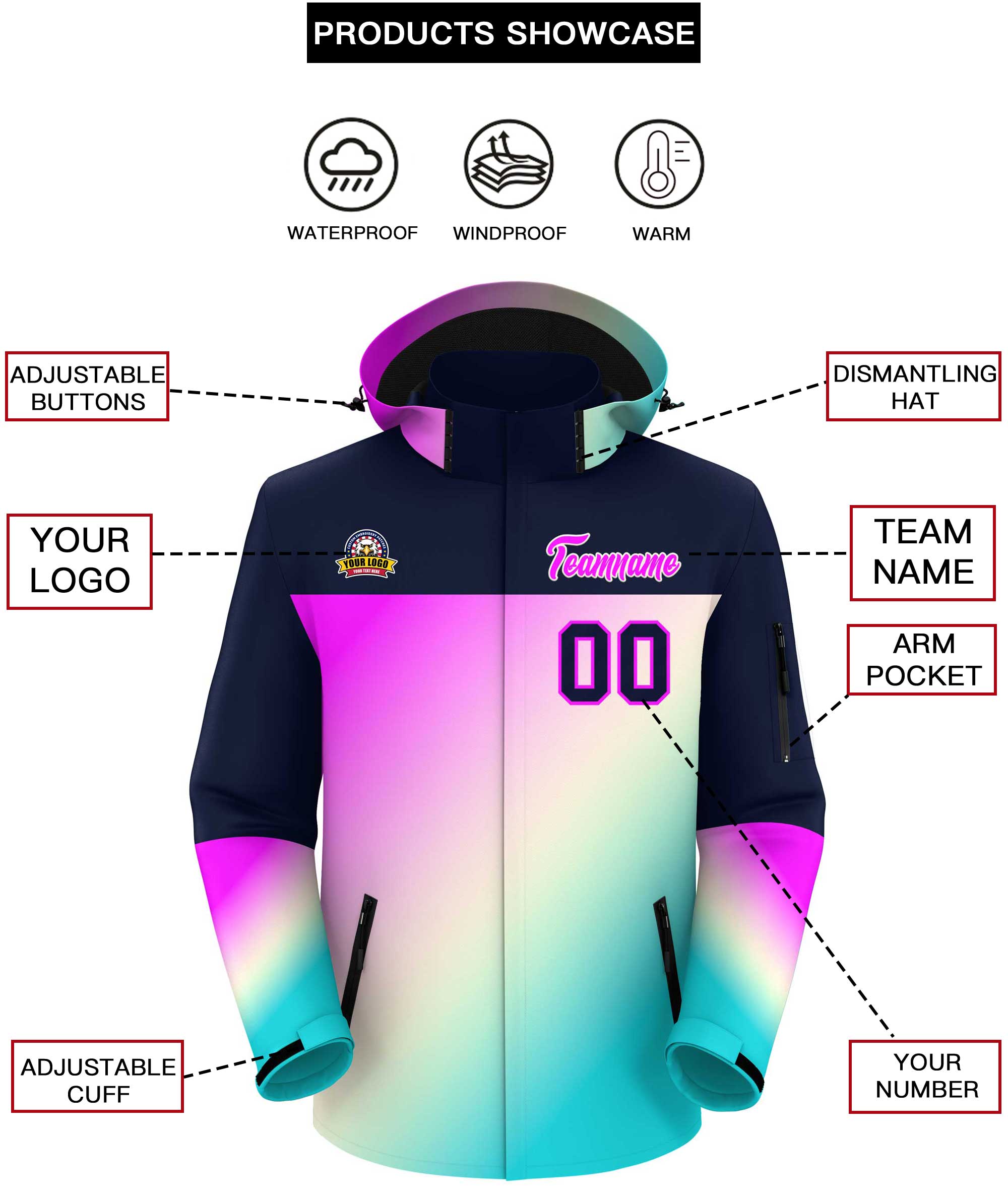 Custom Navy Rose Red-Sky Blue Gradient Fashion Personalized Outdoor Hooded Waterproof Jacket