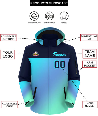 Custom Navy Sky Blue Gradient Fashion Personalized Outdoor Hooded Waterproof Jacket
