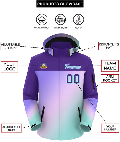 Custom Purple Light Blue-Light Purple Gradient Fashion Personalized Outdoor Hooded Waterproof Jacket