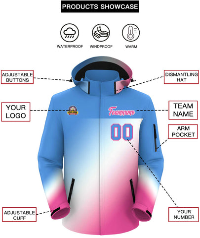 Custom Powder Blue Pink-White Gradient Fashion Personalized Outdoor Hooded Waterproof Jacket