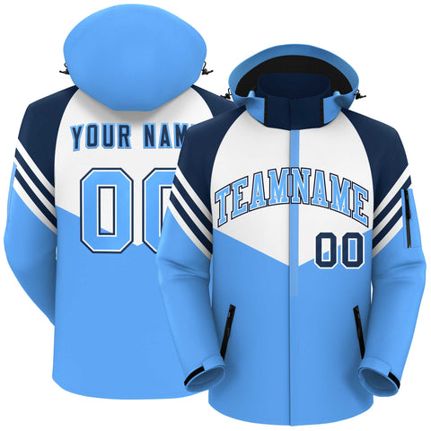 Custom White Powder Blue-Navy Color Block Personalized Outdoor Hooded Waterproof Jacket