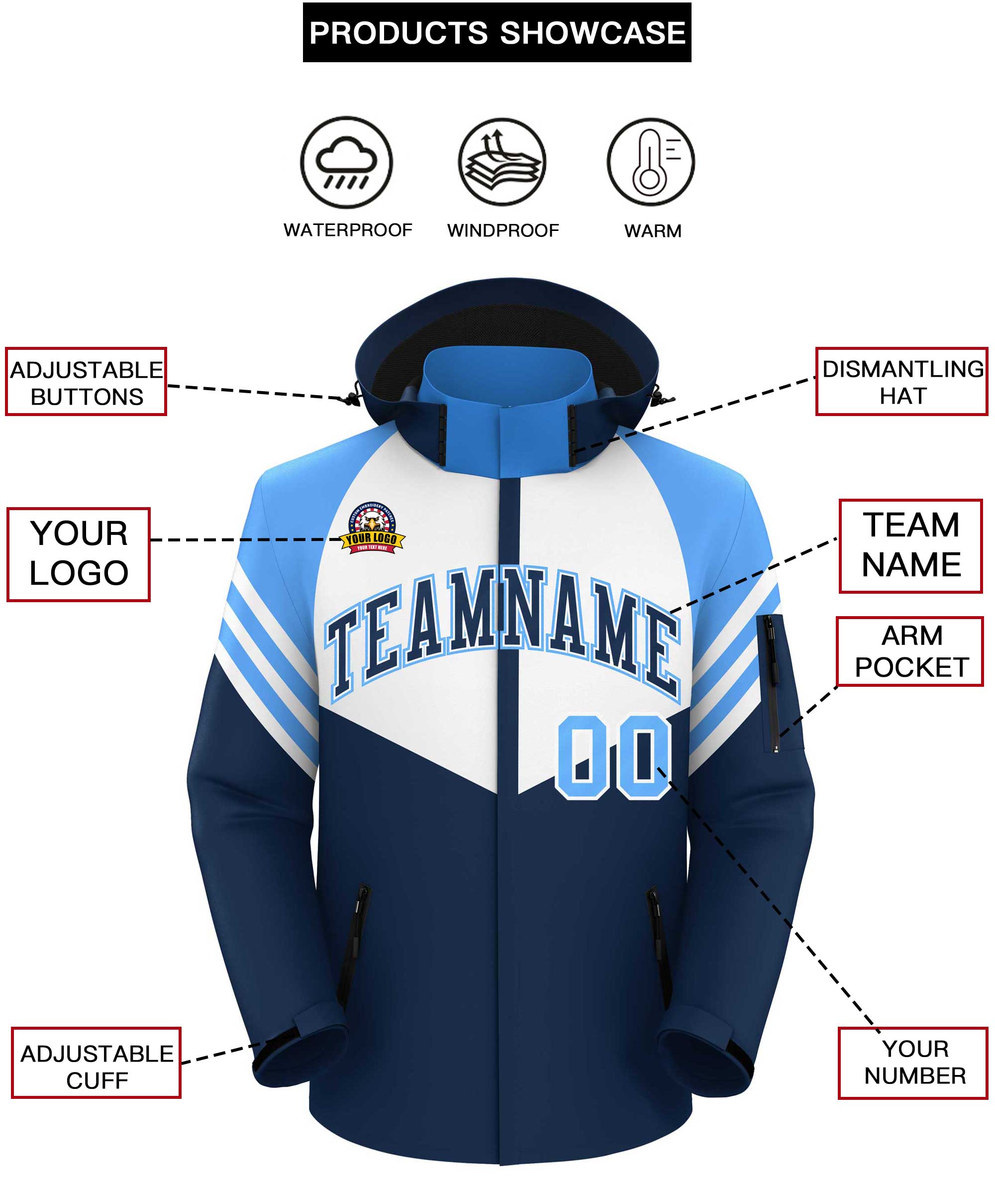 Custom White Navy-Powder Blue Color Block Personalized Outdoor Hooded Waterproof Jacket