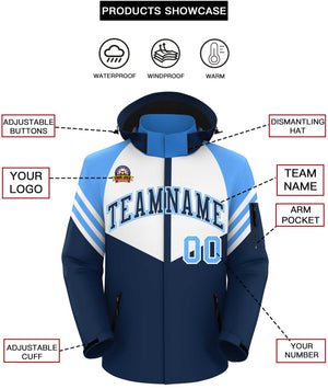 Custom White Navy-Powder Blue Color Block Personalized Outdoor Hooded Waterproof Jacket