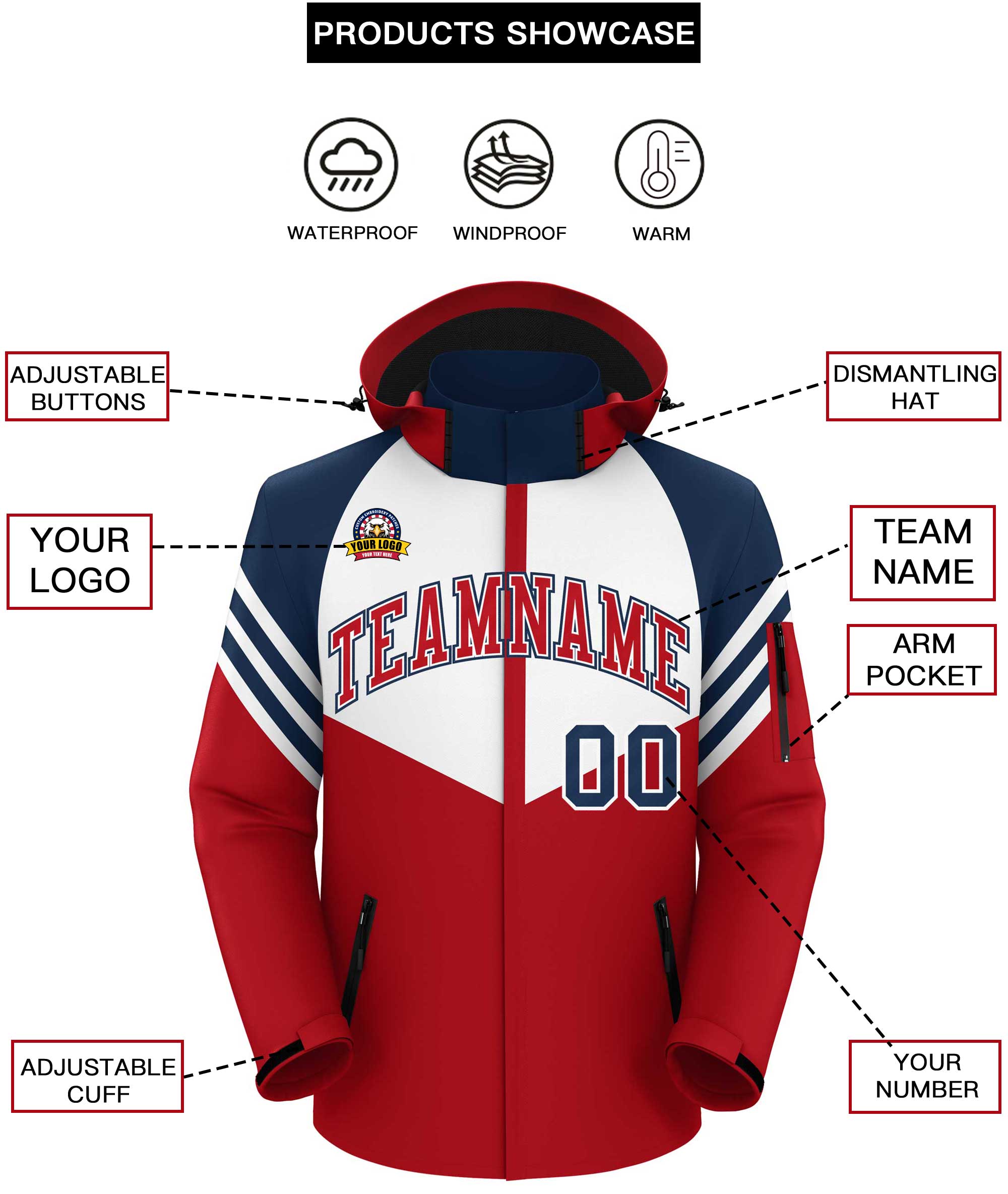 Custom White Red-Navy Color Block Personalized Outdoor Hooded Waterproof Jacket