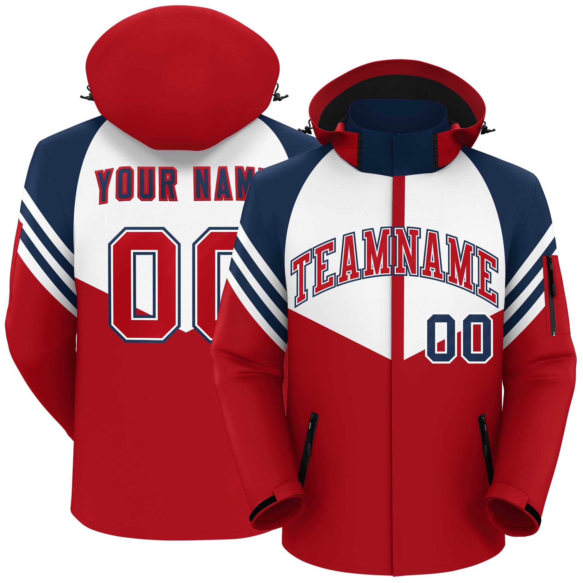 Custom White Red-Navy Color Block Personalized Outdoor Hooded Waterproof Jacket