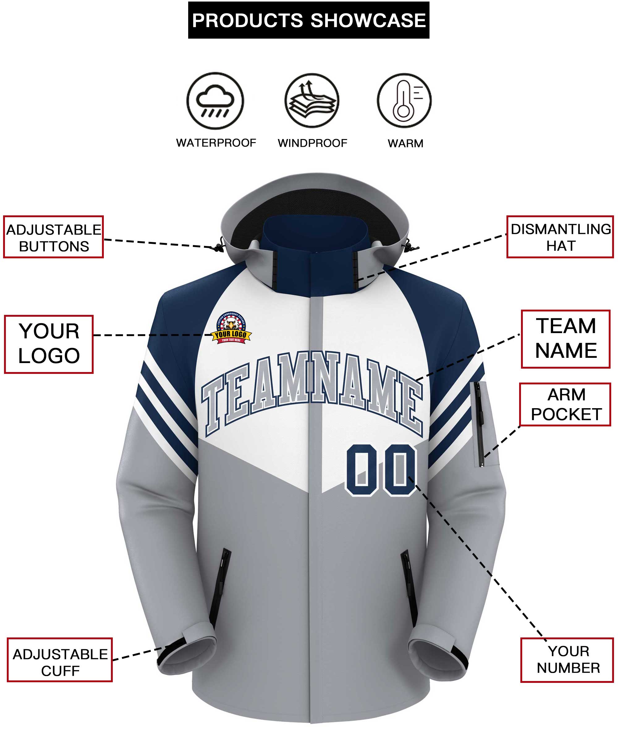 Custom White Gray-Navy Color Block Personalized Outdoor Hooded Waterproof Jacket