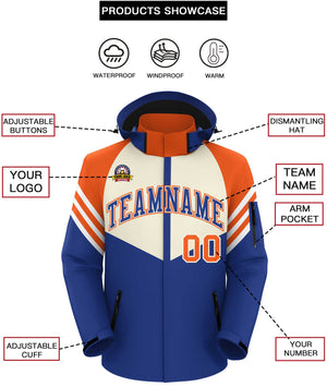 Custom Cream Royal-Orange Color Block Personalized Outdoor Hooded Waterproof Jacket