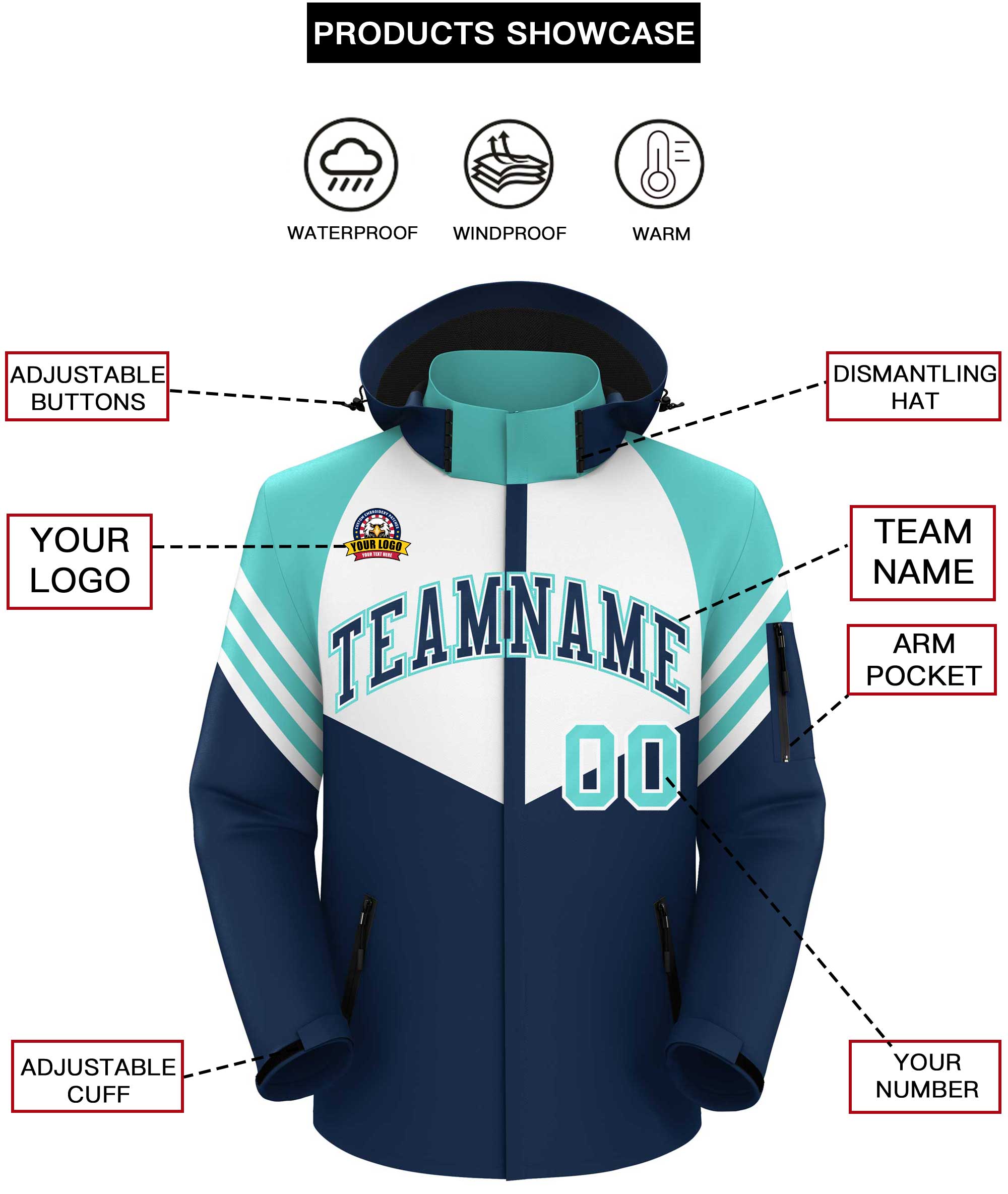 Custom White Navy-Aqua Color Block Personalized Outdoor Hooded Waterproof Jacket