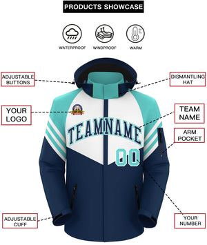 Custom White Navy-Aqua Color Block Personalized Outdoor Hooded Waterproof Jacket