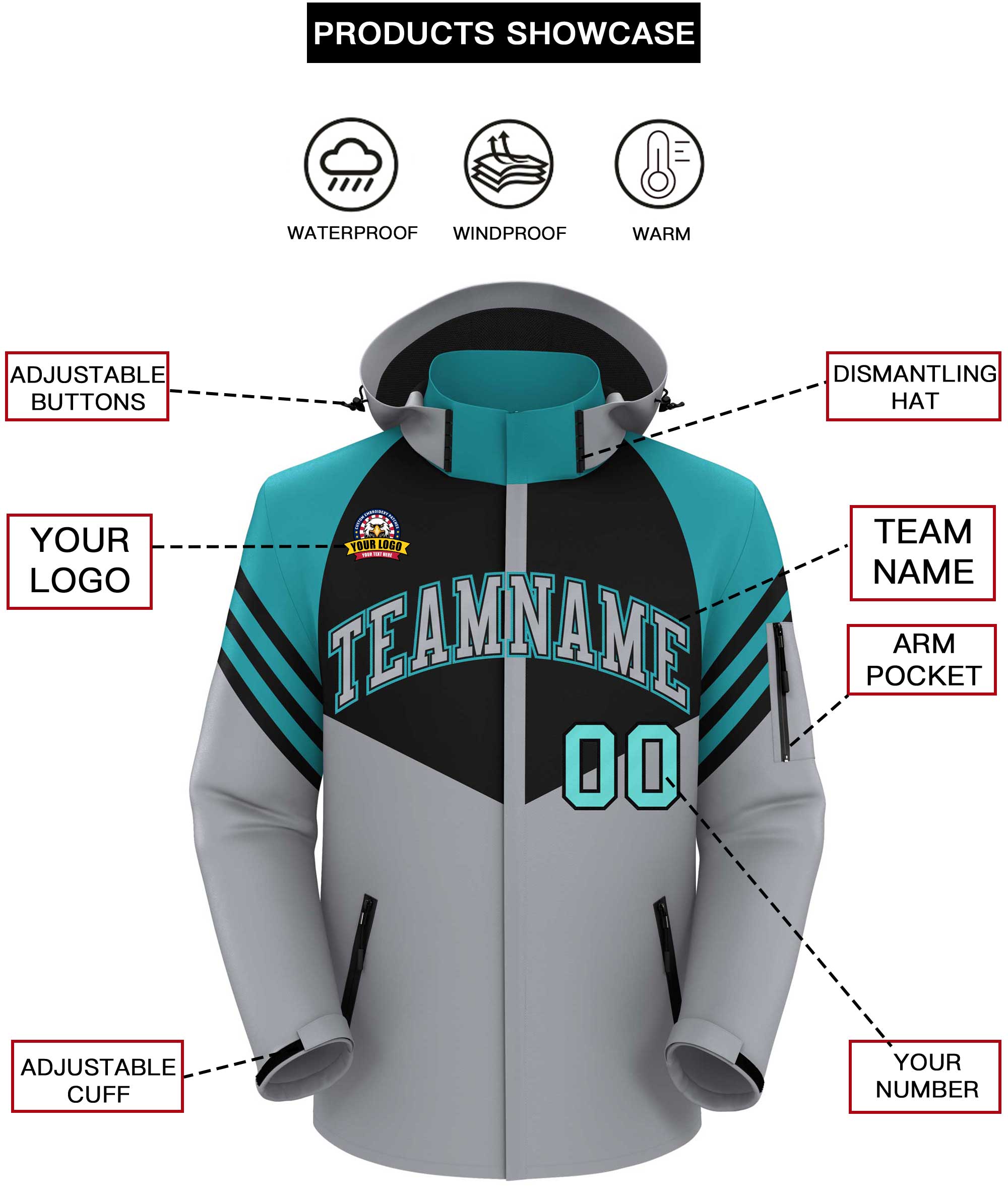 Custom Black Gray-Aqua Color Block Personalized Outdoor Hooded Waterproof Jacket