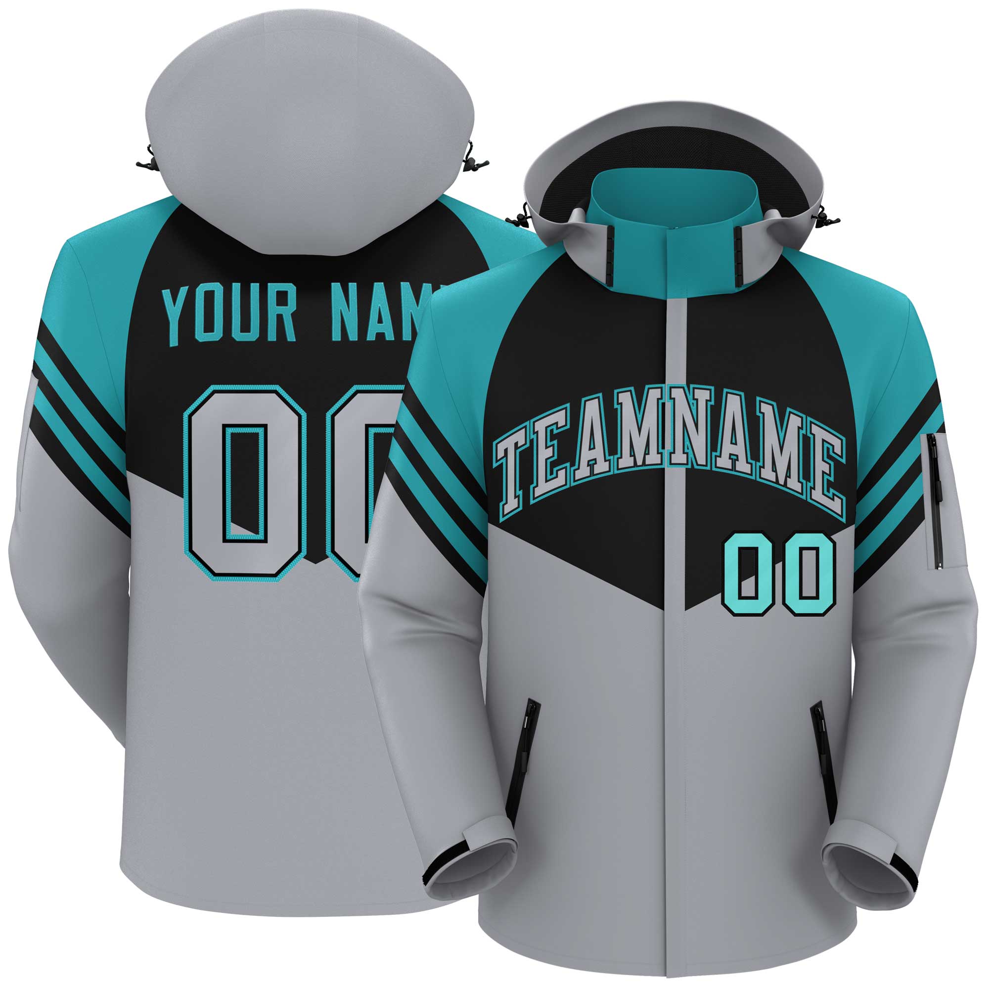 Custom Black Gray-Aqua Color Block Personalized Outdoor Hooded Waterproof Jacket