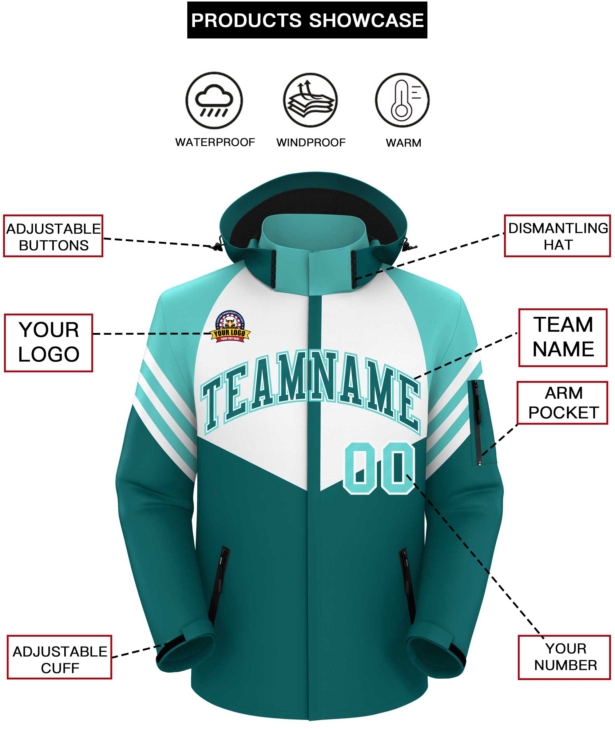 Custom White Aqua-Aqua Color Block Personalized Outdoor Hooded Waterproof Jacket