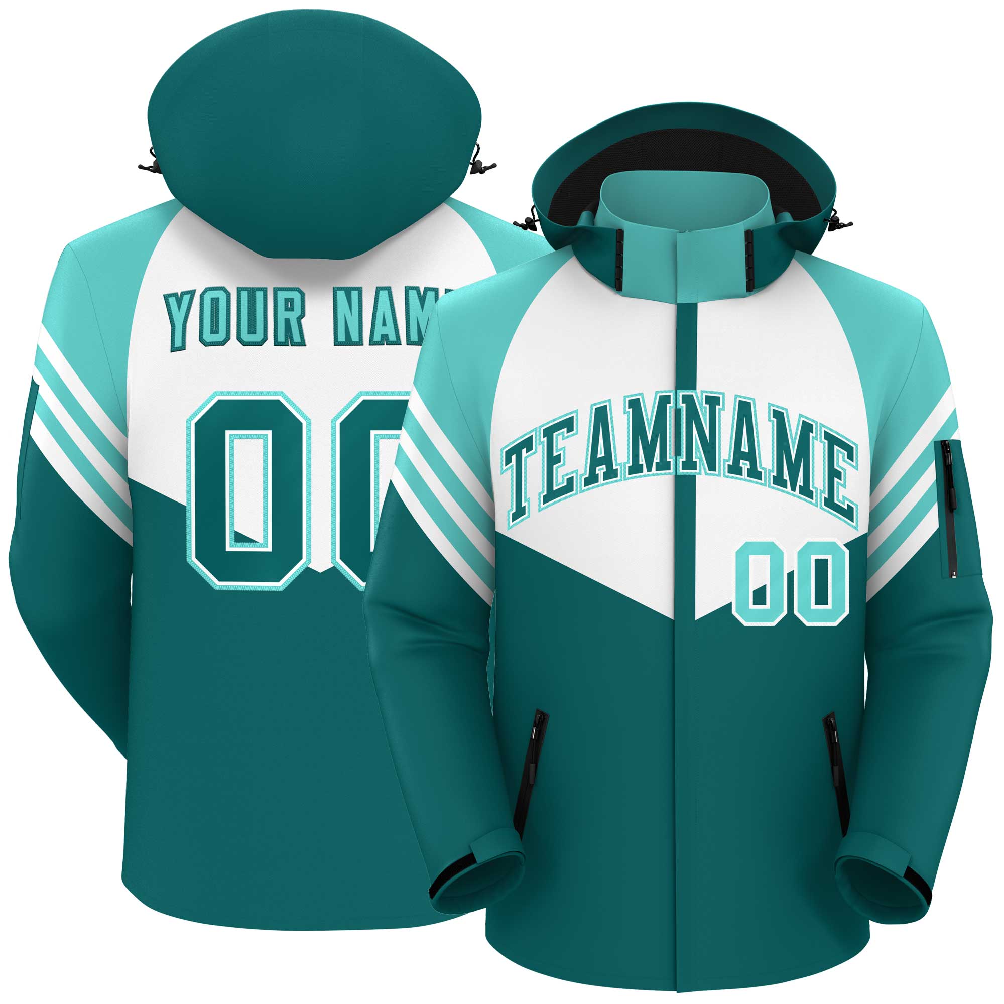 Custom White Aqua-Aqua Color Block Personalized Outdoor Hooded Waterproof Jacket