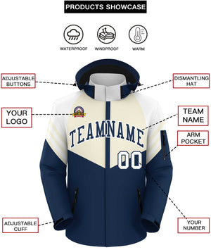 Custom Cream Navy-White Color Block Personalized Outdoor Hooded Waterproof Jacket