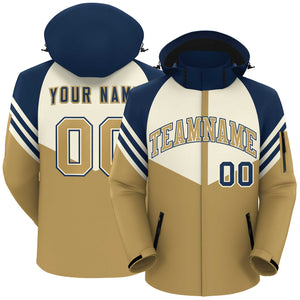 Custom Cream Old Gold-Navy Color Block Personalized Outdoor Hooded Waterproof Jacket