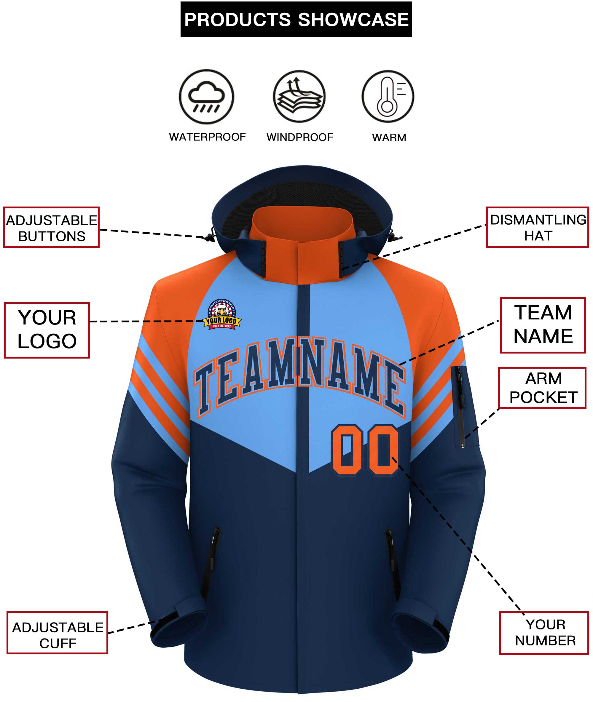 Custom Powder Blue Navy-Orange Color Block Personalized Outdoor Hooded Waterproof Jacket