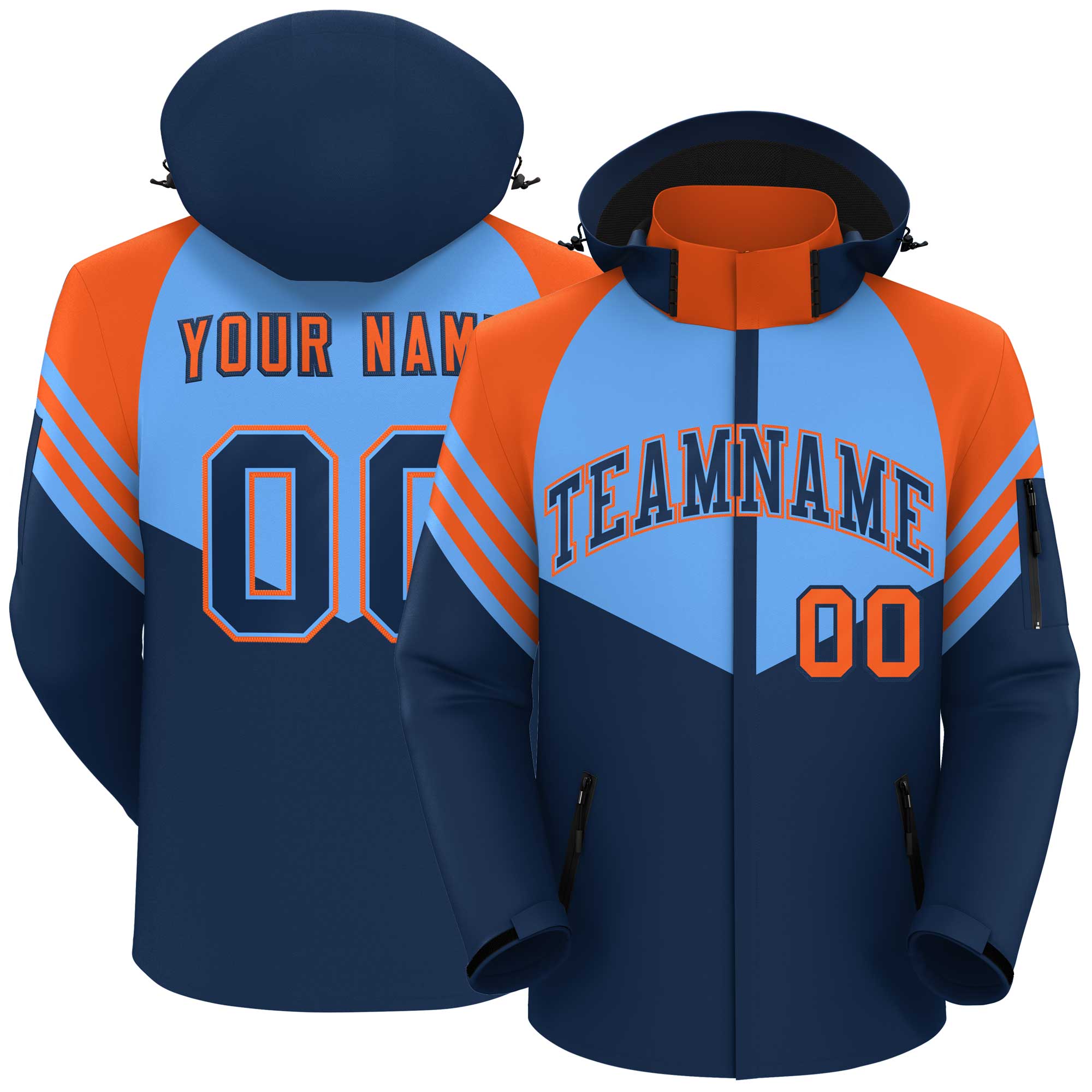 Custom Powder Blue Navy-Orange Color Block Personalized Outdoor Hooded Waterproof Jacket