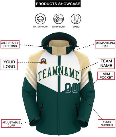 Custom White Midnight Green-Cream Color Block Personalized Outdoor Hooded Waterproof Jacket