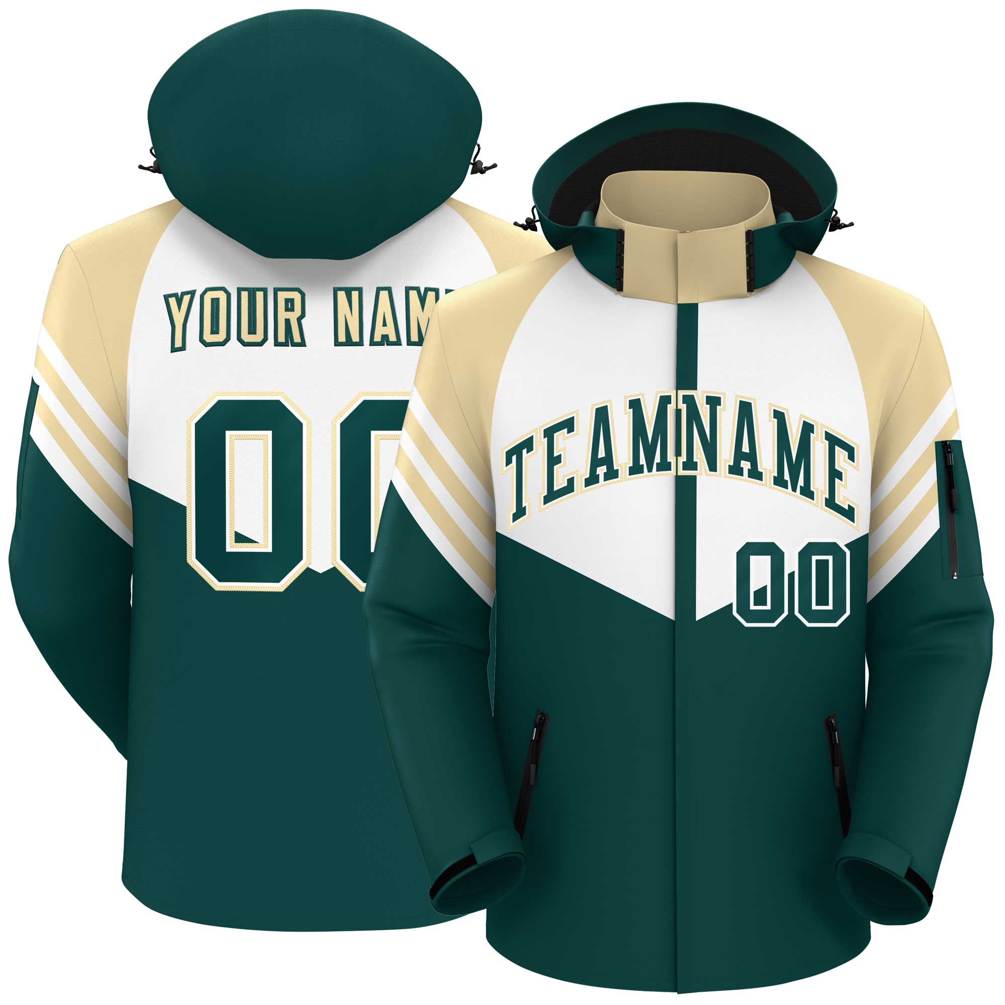 Custom White Midnight Green-Cream Color Block Personalized Outdoor Hooded Waterproof Jacket