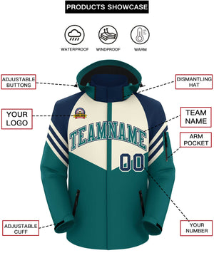 Custom Cream Aqua-Navy Color Block Personalized Outdoor Hooded Waterproof Jacket