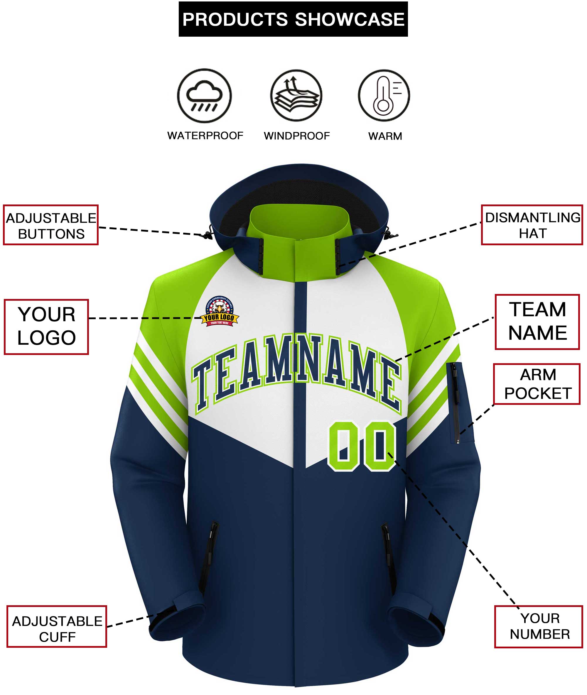 Custom White Navy-Neon Green Color Block Personalized Outdoor Hooded Waterproof Jacket