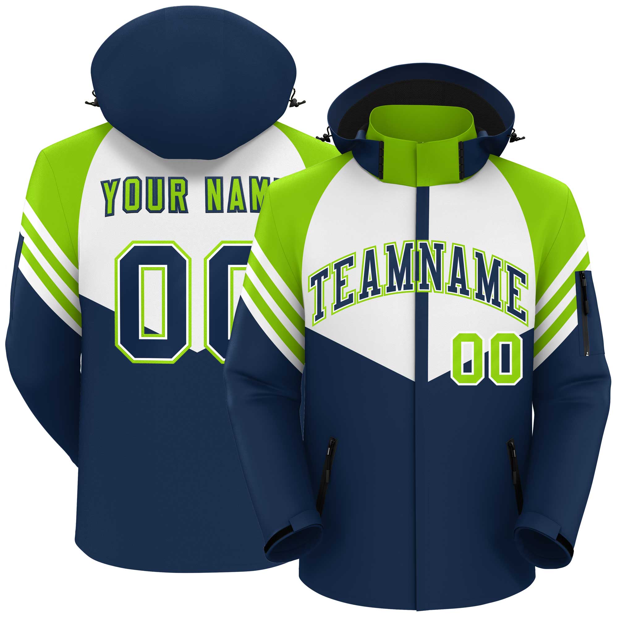 Custom White Navy-Neon Green Color Block Personalized Outdoor Hooded Waterproof Jacket