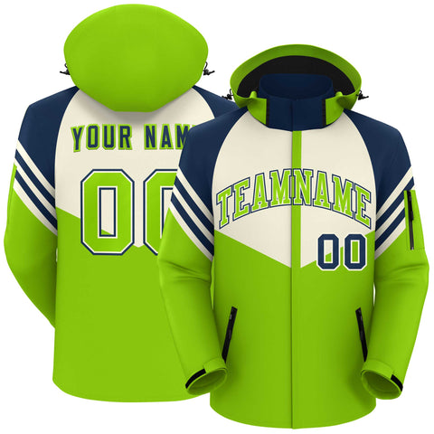 Custom Cream Neon Green-Navy Color Block Personalized Outdoor Hooded Waterproof Jacket