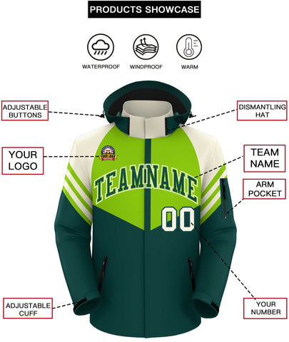 Custom Neon Green Midnight Green-Cream Color Block Personalized Outdoor Hooded Waterproof Jacket