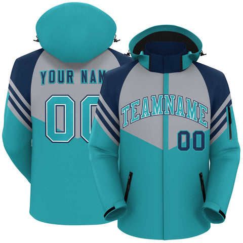 Custom Gray Aqua-Navy Color Block Personalized Outdoor Hooded Waterproof Jacket