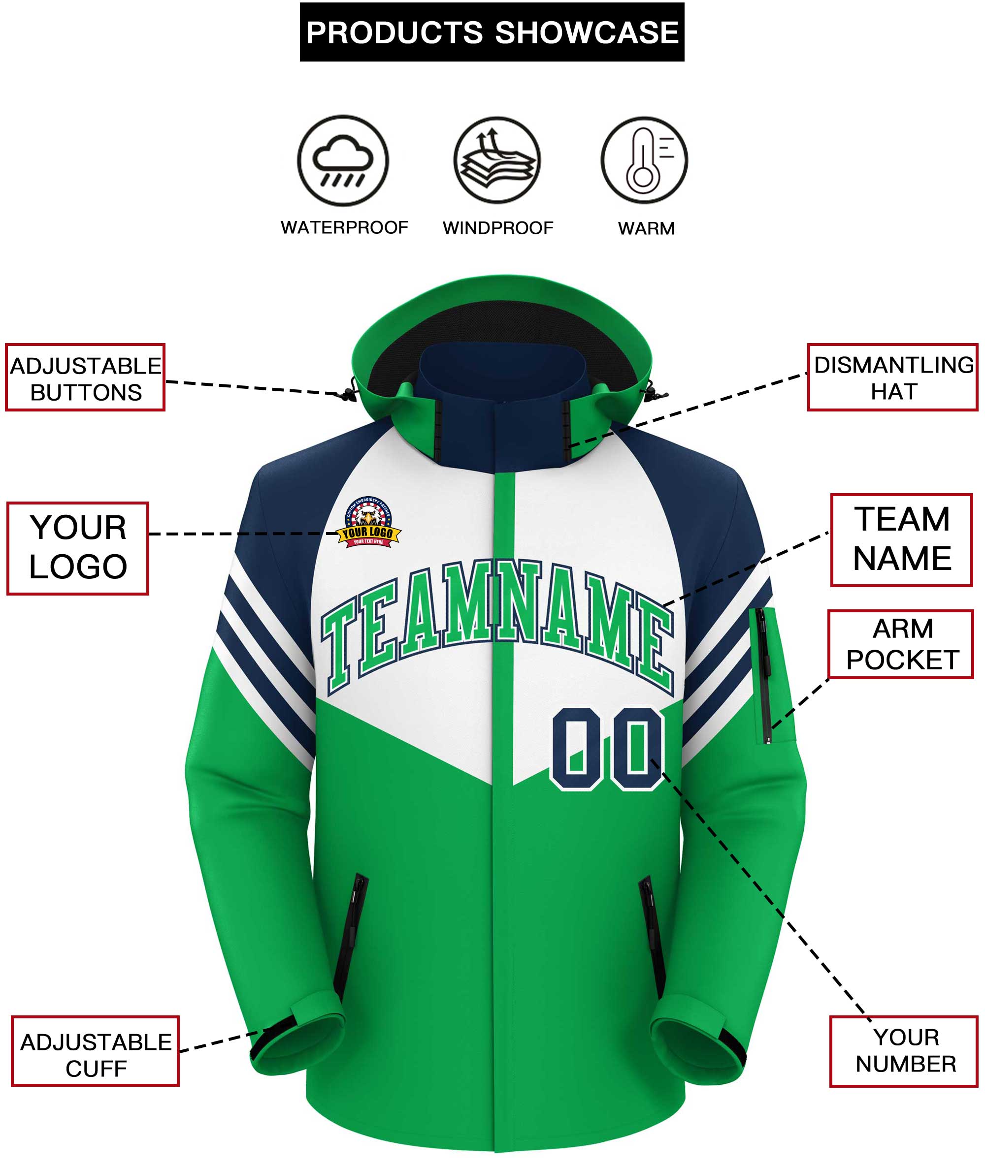 Custom White Kelly Green-Navy Color Block Personalized Outdoor Hooded Waterproof Jacket