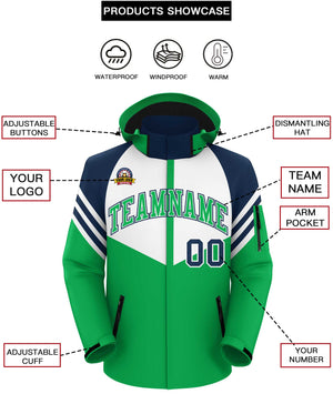 Custom White Kelly Green-Navy Color Block Personalized Outdoor Hooded Waterproof Jacket