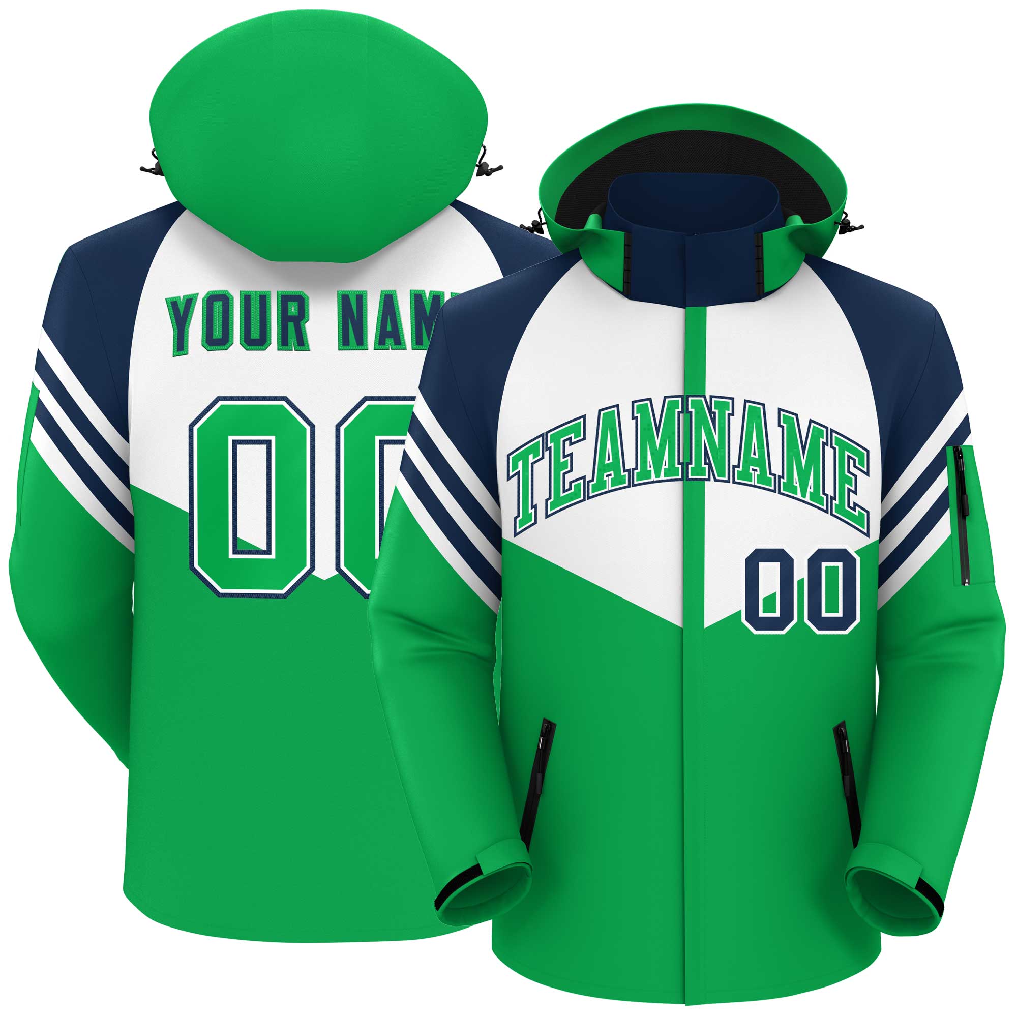 Custom White Kelly Green-Navy Color Block Personalized Outdoor Hooded Waterproof Jacket