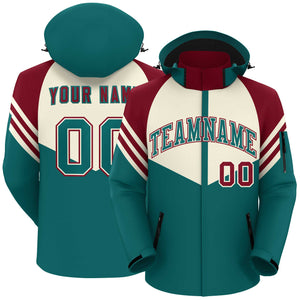 Custom Cream Aqua-Red Color Block Personalized Outdoor Hooded Waterproof Jacket