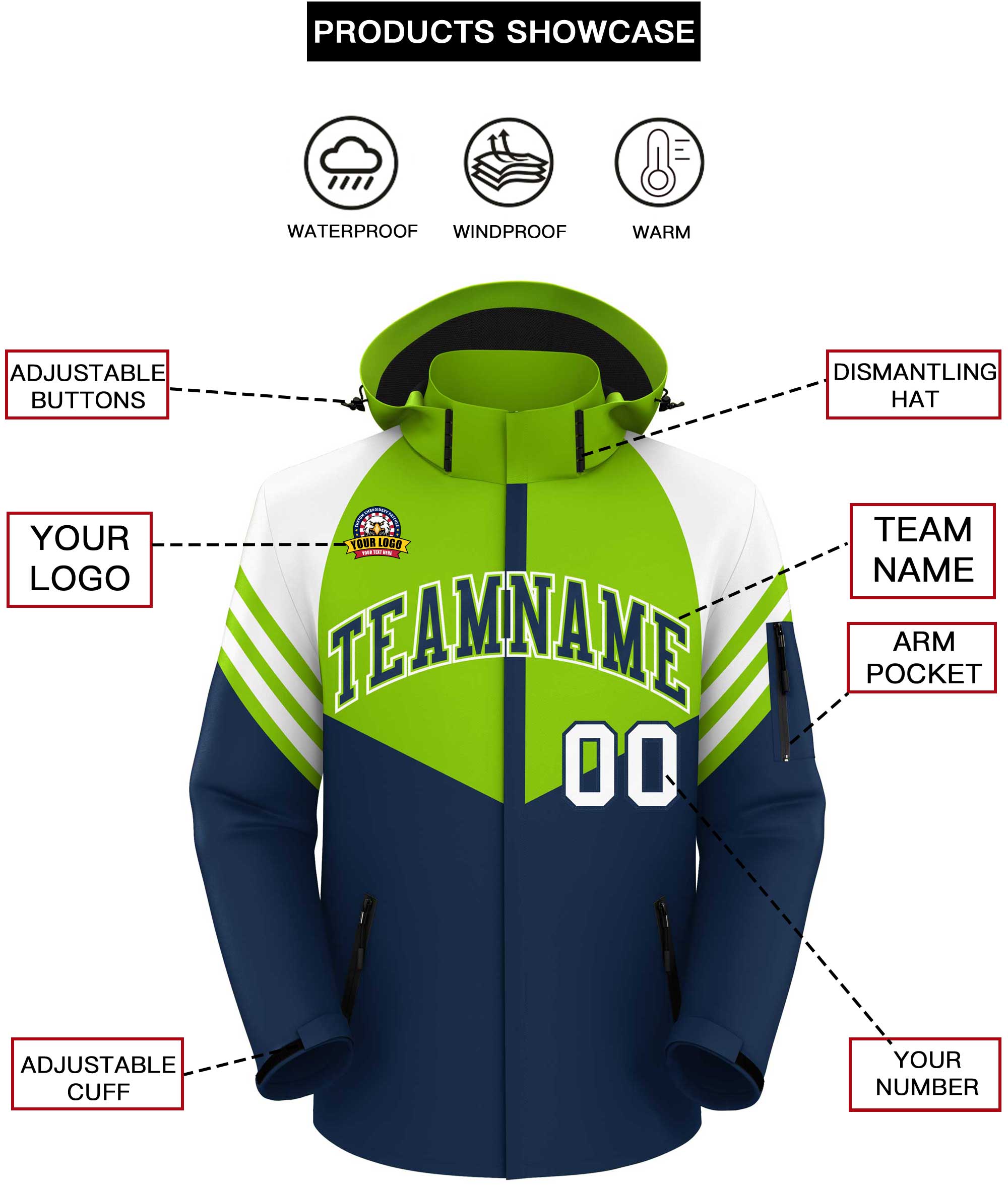 Custom Neon Green Navy-White Color Block Personalized Outdoor Hooded Waterproof Jacket