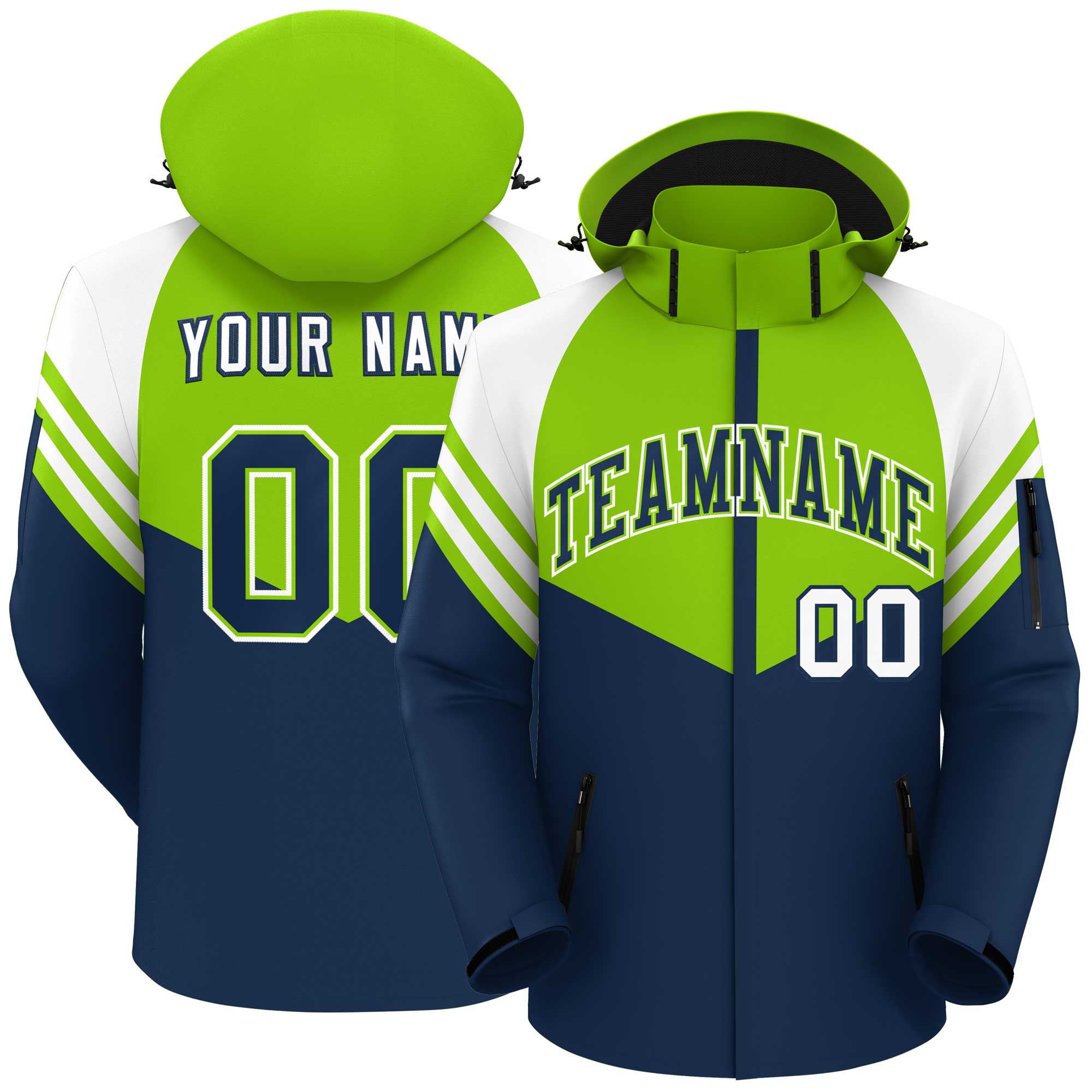 Custom Neon Green Navy-White Color Block Personalized Outdoor Hooded Waterproof Jacket