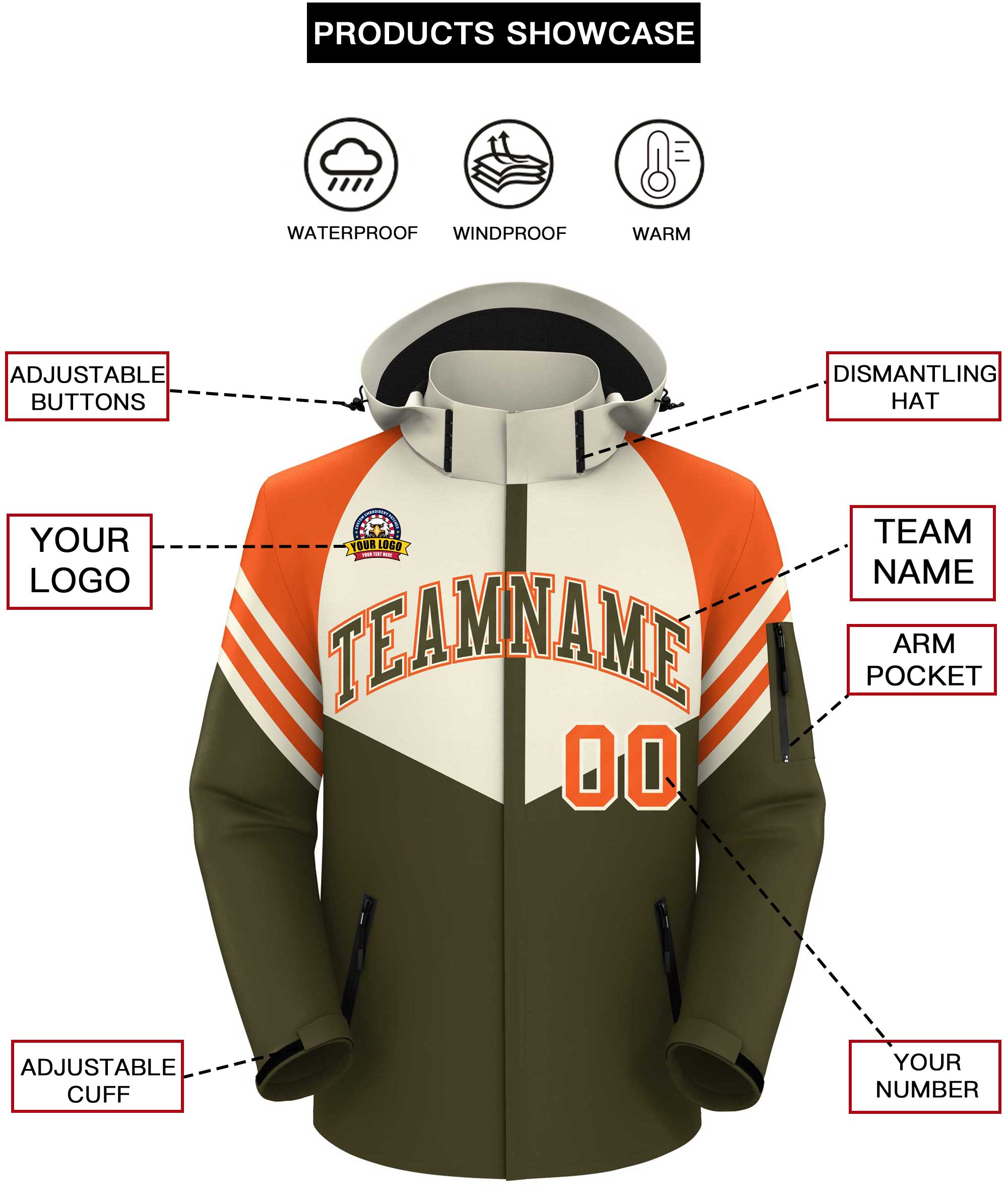 Custom Cream Olive-Orange Color Block Personalized Outdoor Hooded Waterproof Jacket