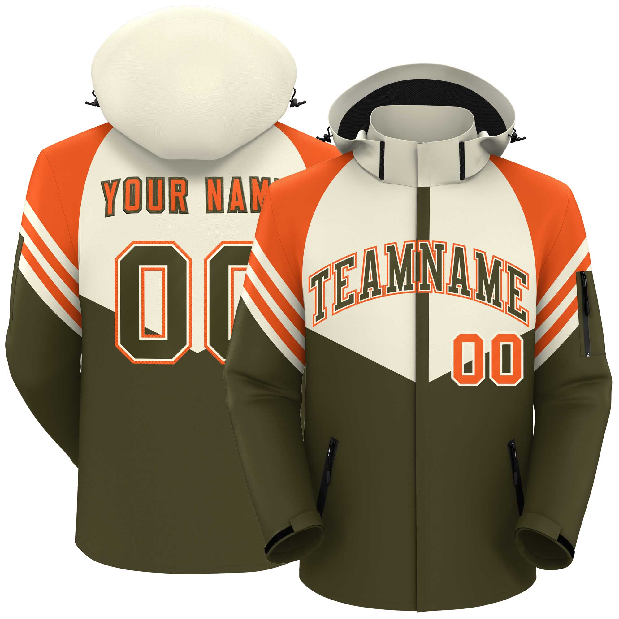 Custom Cream Olive-Orange Color Block Personalized Outdoor Hooded Waterproof Jacket