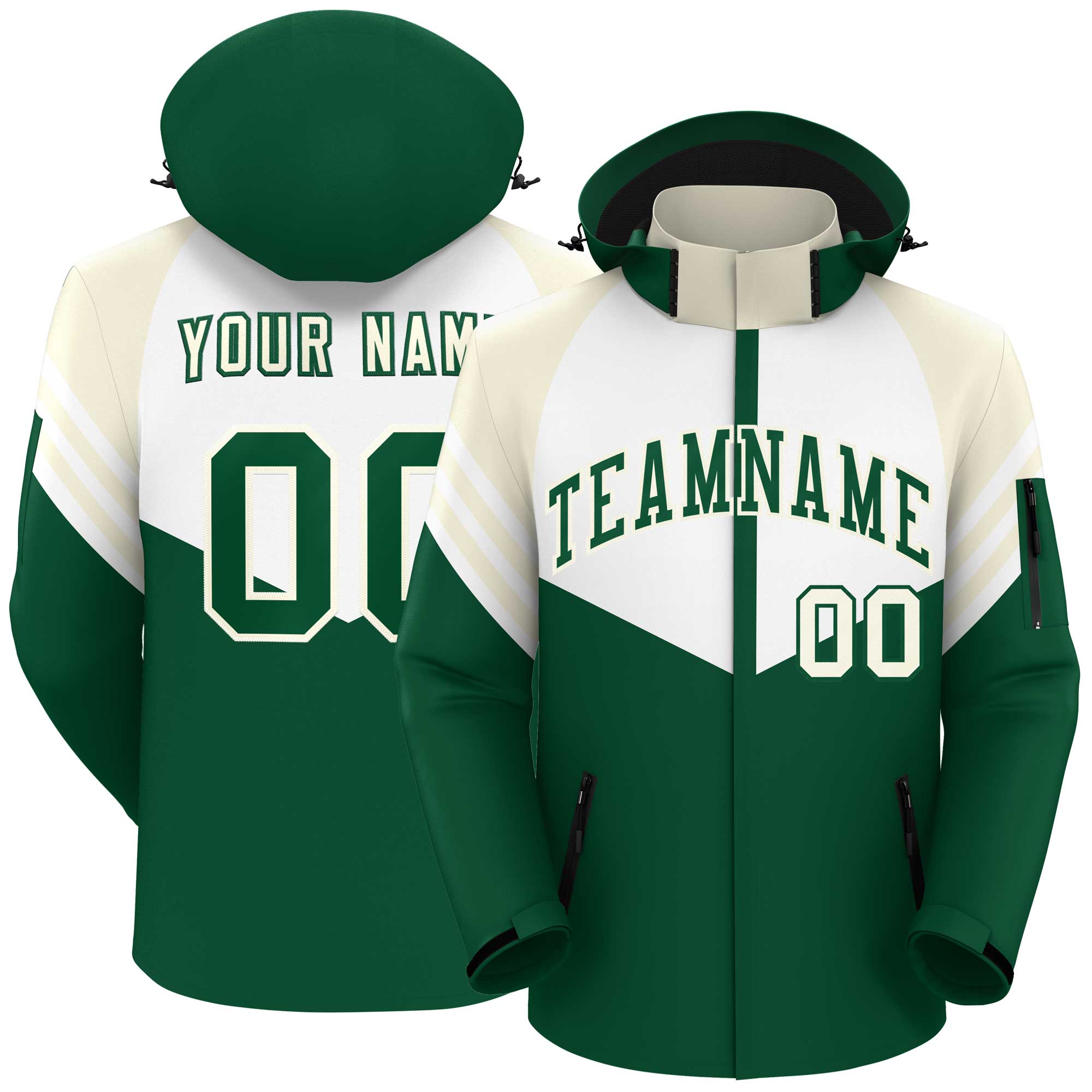 Custom White Green-Cream Color Block Personalized Outdoor Hooded Waterproof Jacket