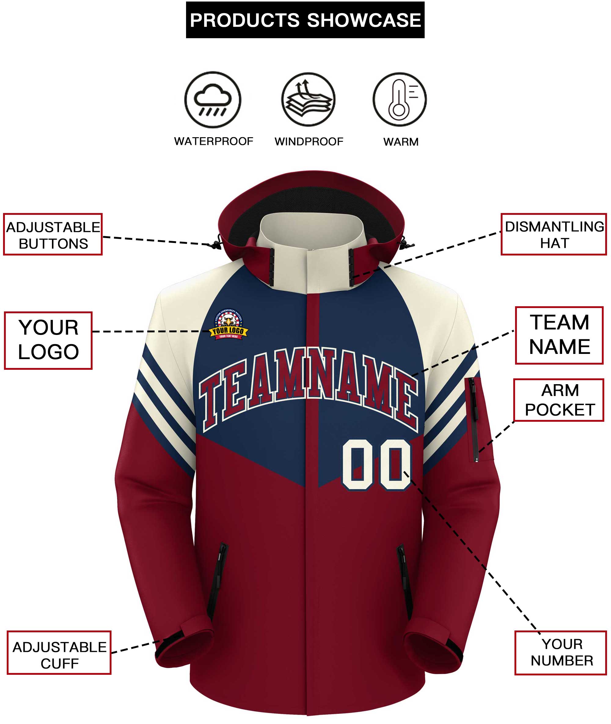 Custom Navy Crimson-Cream Color Block Personalized Outdoor Hooded Waterproof Jacket