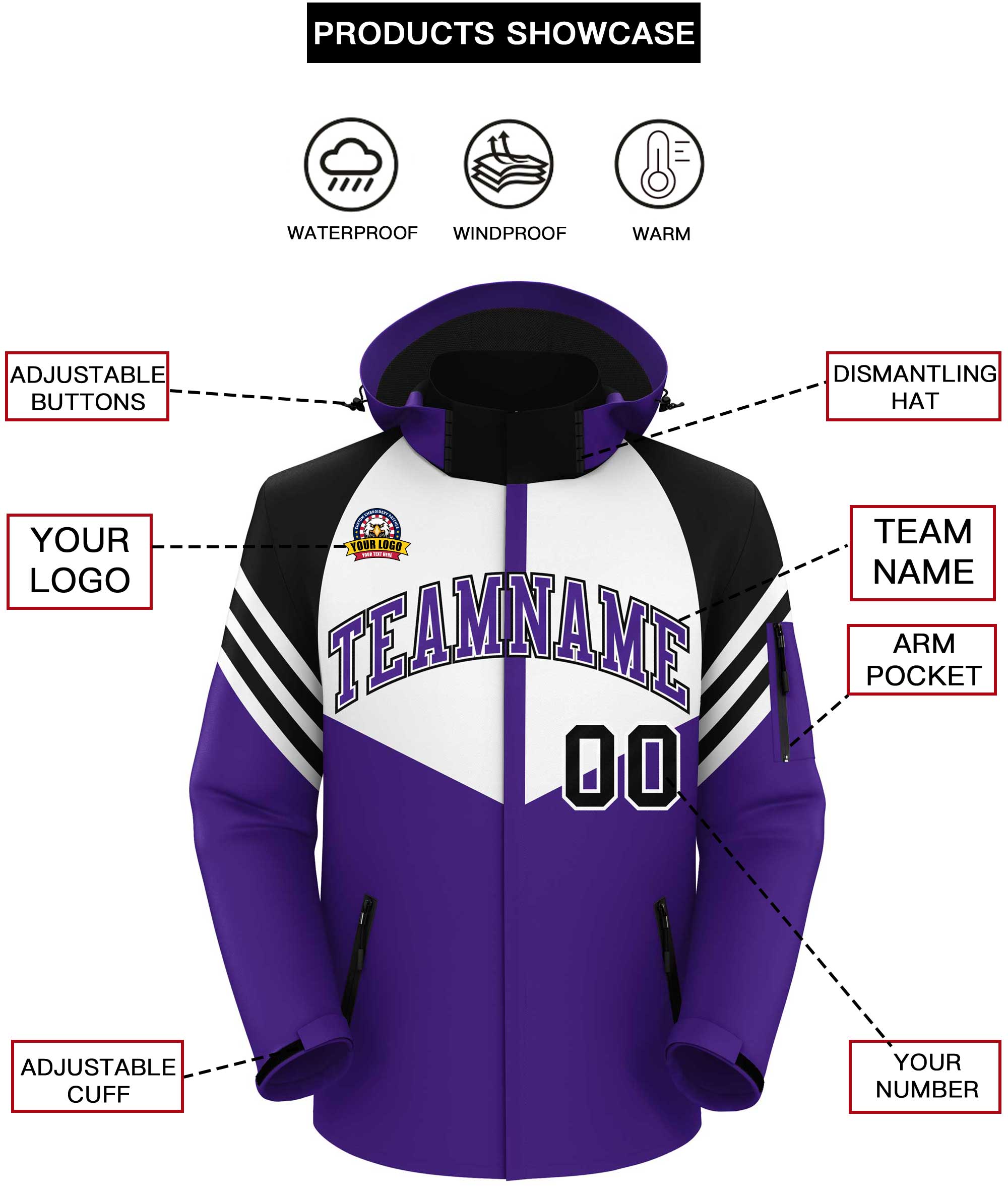 Custom White Purple-Black Color Block Personalized Outdoor Hooded Waterproof Jacket