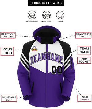 Custom White Purple-Black Color Block Personalized Outdoor Hooded Waterproof Jacket