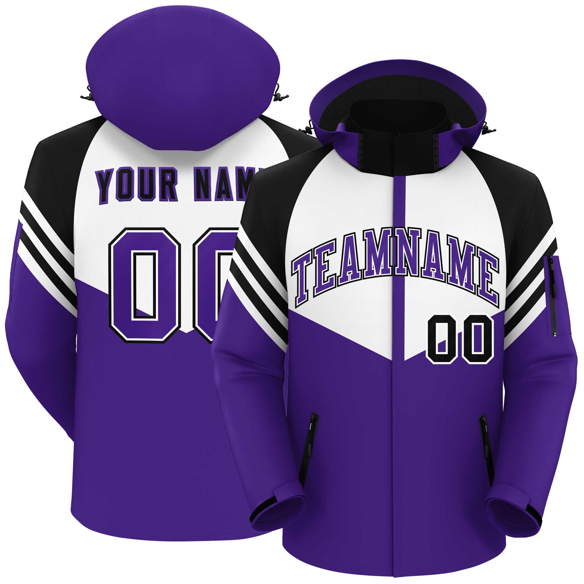 Custom White Purple-Black Color Block Personalized Outdoor Hooded Waterproof Jacket