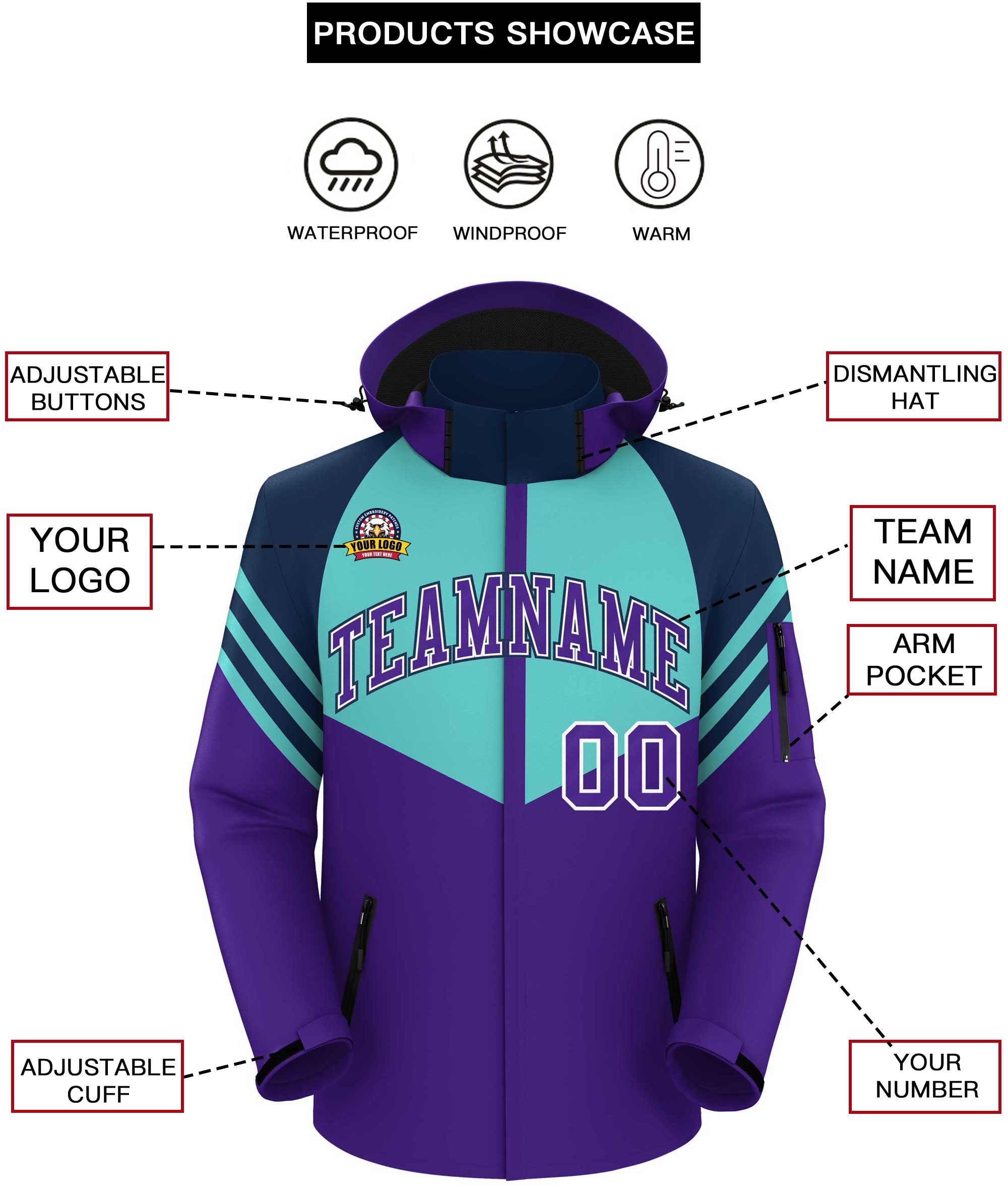 Custom Aqua Purple-Navy Color Block Personalized Outdoor Hooded Waterproof Jacket