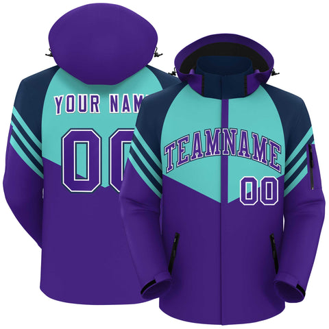 Custom Aqua Purple-Navy Color Block Personalized Outdoor Hooded Waterproof Jacket
