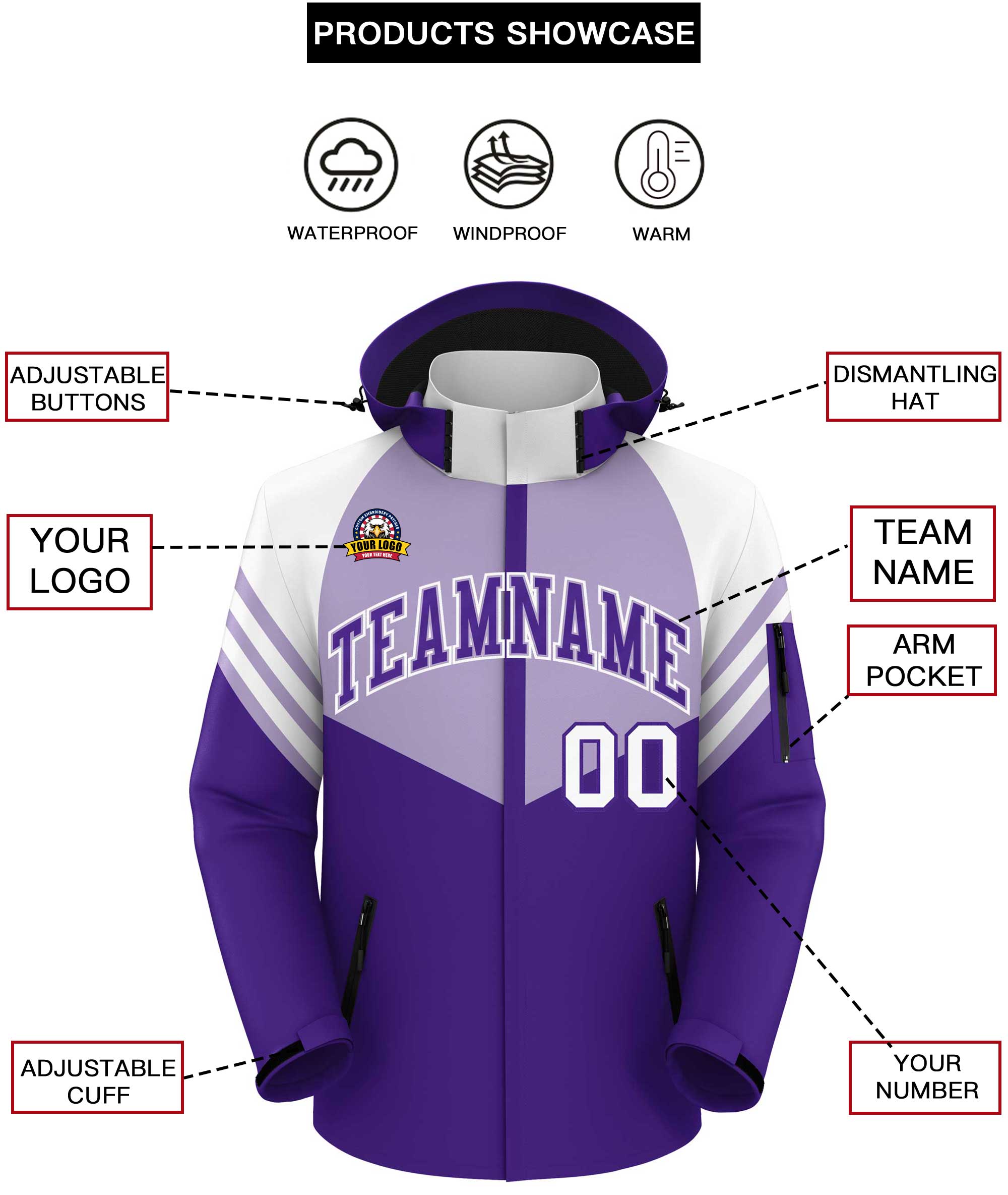 Custom Light Purple Purple-White Color Block Personalized Outdoor Hooded Waterproof Jacket