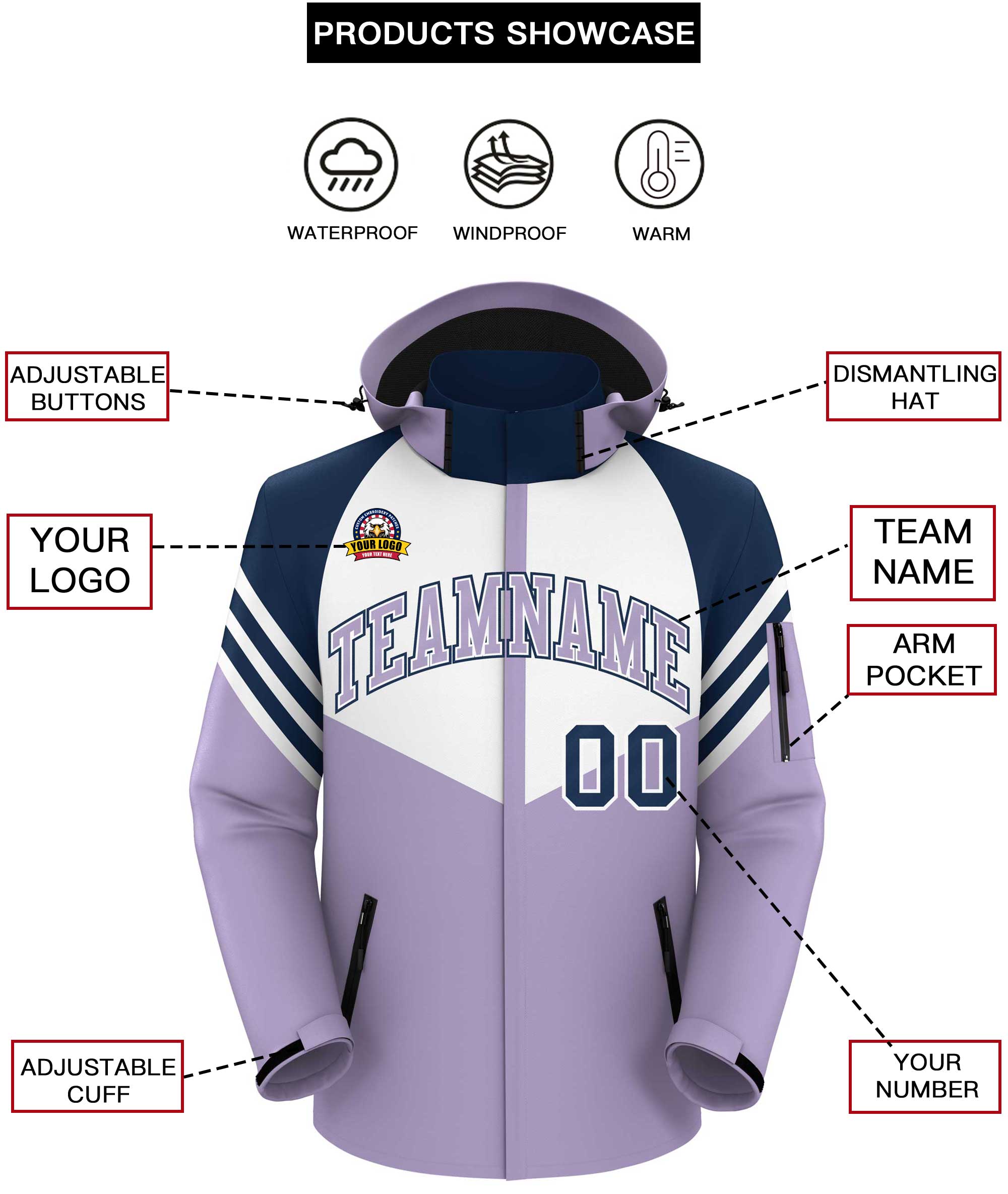 Custom White Light Purple-Navy Color Block Personalized Outdoor Hooded Waterproof Jacket