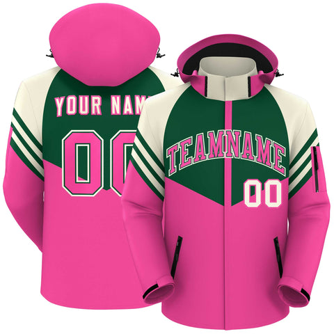 Custom Green Pink-Cream Color Block Personalized Outdoor Hooded Waterproof Jacket