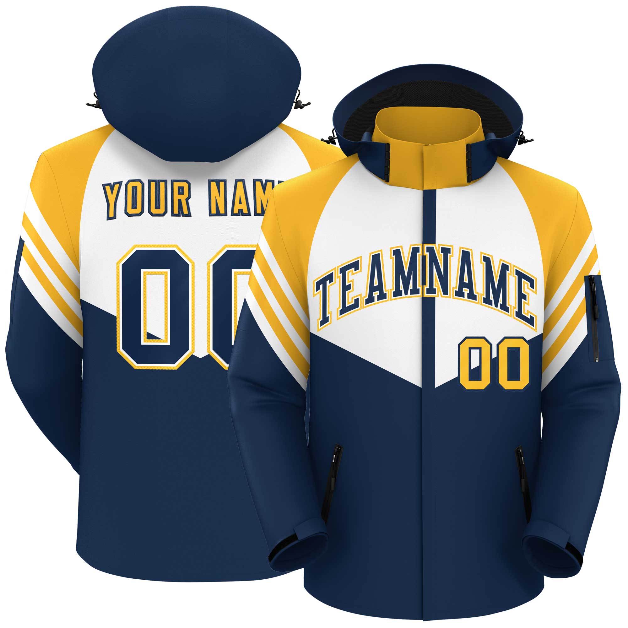 Custom White Navy-Gold Color Block Personalized Outdoor Hooded Waterproof Jacket