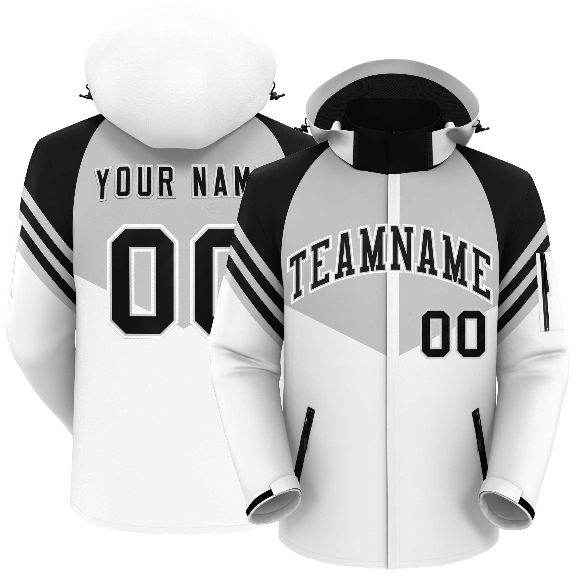 Custom Gray White-Black Color Block Personalized Outdoor Hooded Waterproof Jacket